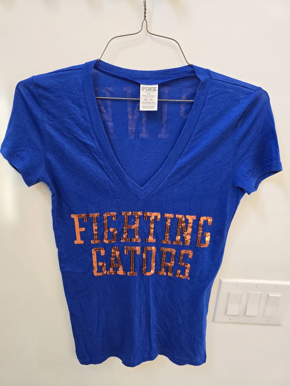 PINK Victoria's Secret Royal Blue V-Neck Tee with Orange 'Fighting Gators' Print